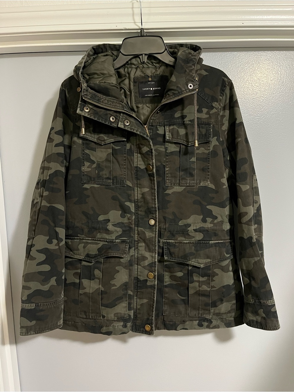 Lucky Brand Women's Olive Green Camo Utility Jacket with Hood